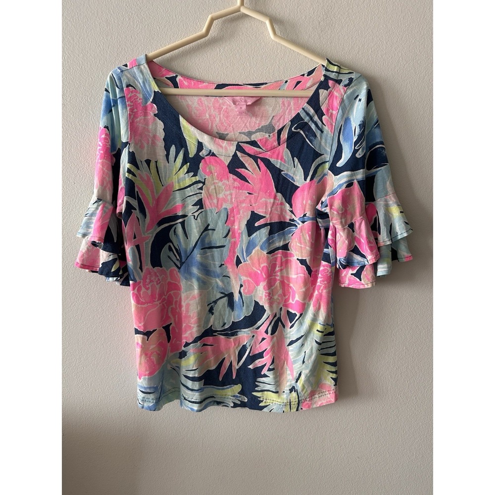 Lilly Pulitzer Womens Medium Floral Ruffle Short Sleeve Pink  Blue Beach Preppy